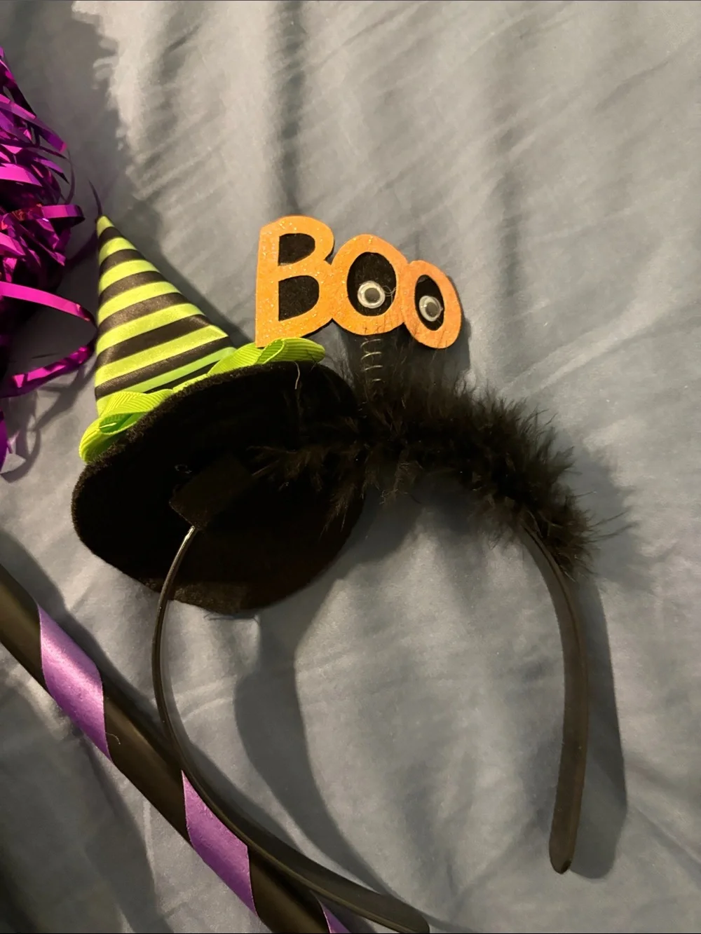 Halloween Pumpkin Cake Pan, witch head band, bowls, purple shaker on stick
